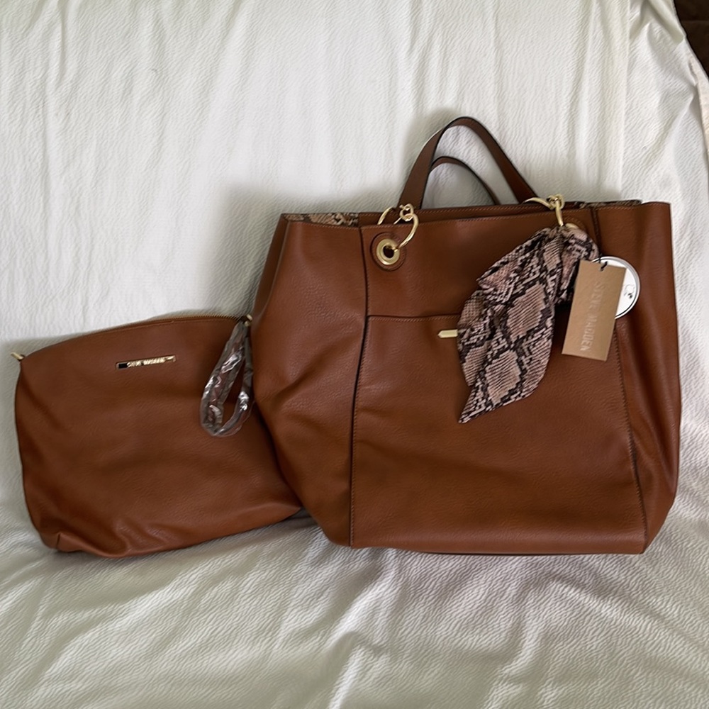 Steve Madden Bwilde cognac/ snake tote bag and cosmetic bag, scarf snake